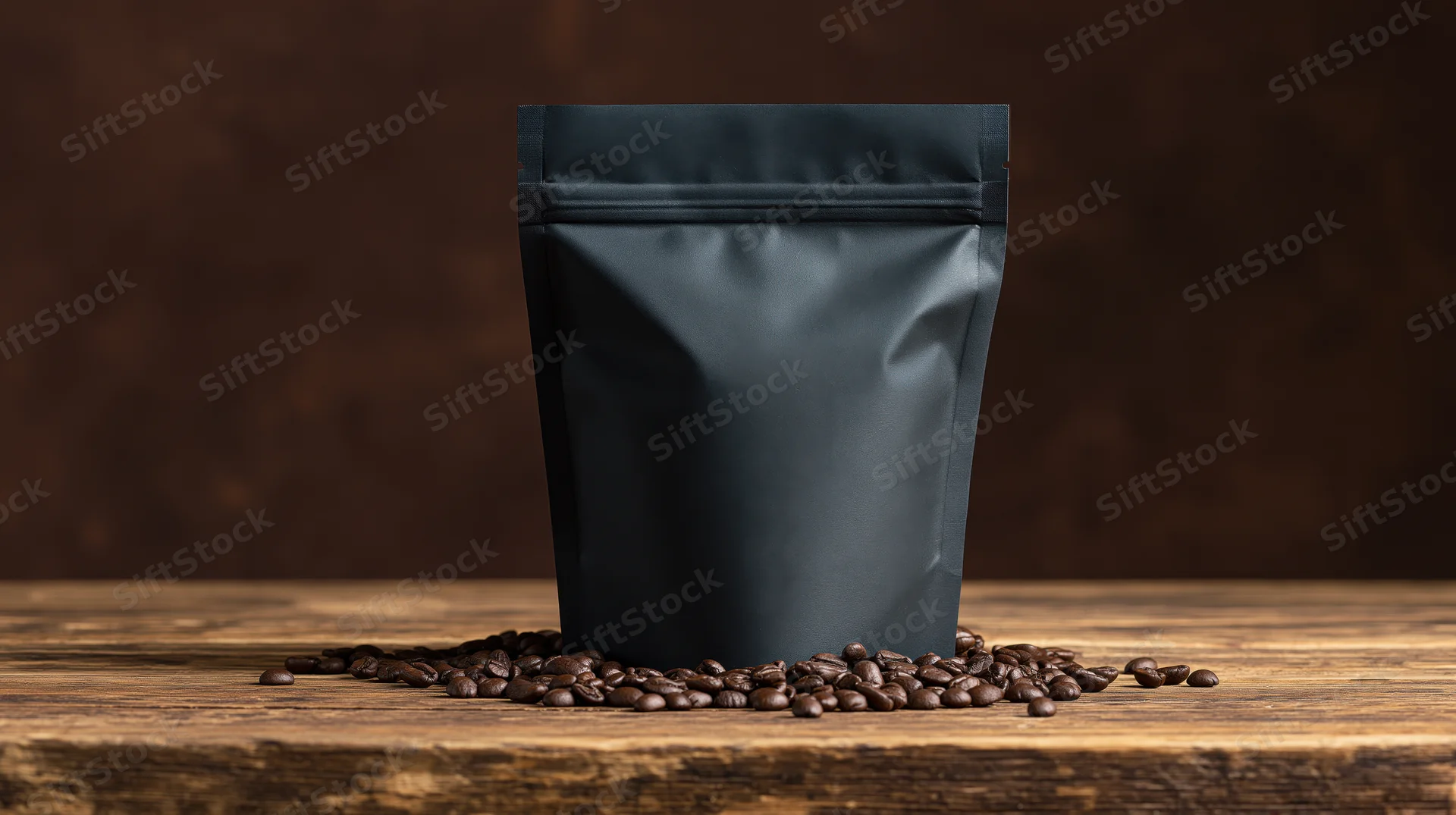 Matte black resealable coffee pouch standing upright on wooden table with scattered coffee beans around base
