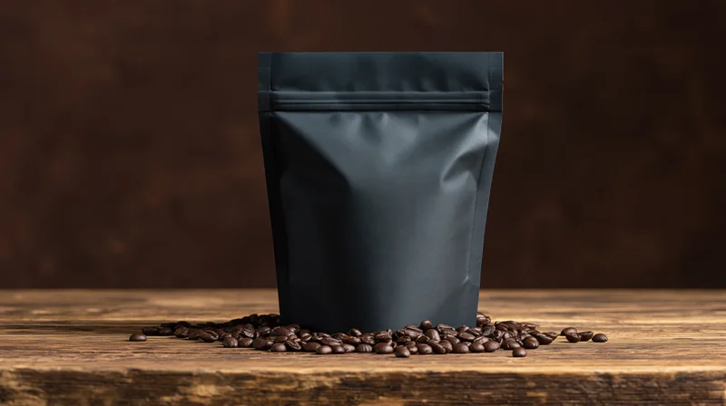 Matte black resealable coffee pouch standing upright on wooden table with scattered coffee beans around base