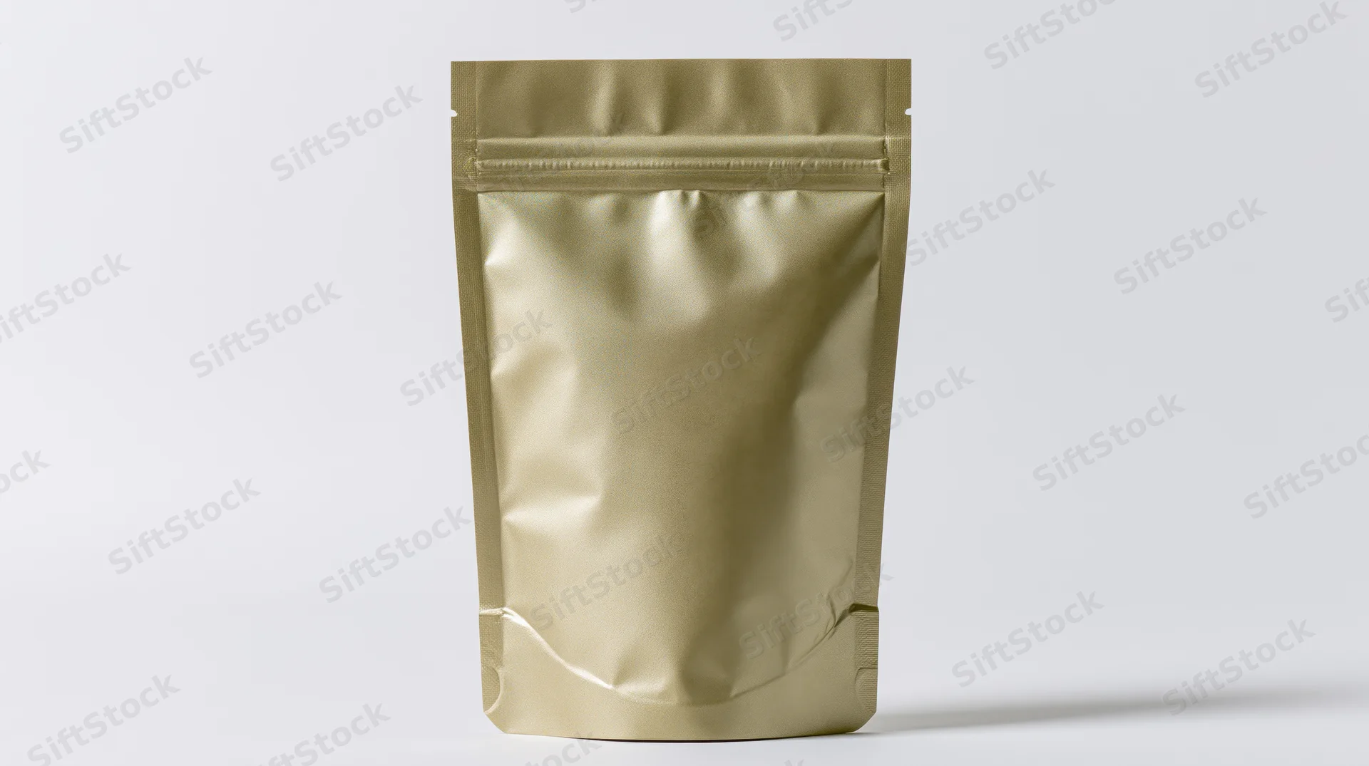 Gold foil stand-up pouch with sealed top fold on white background