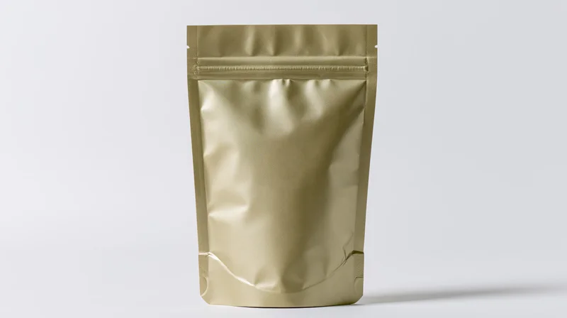 Gold foil stand-up pouch with sealed top fold on white background
