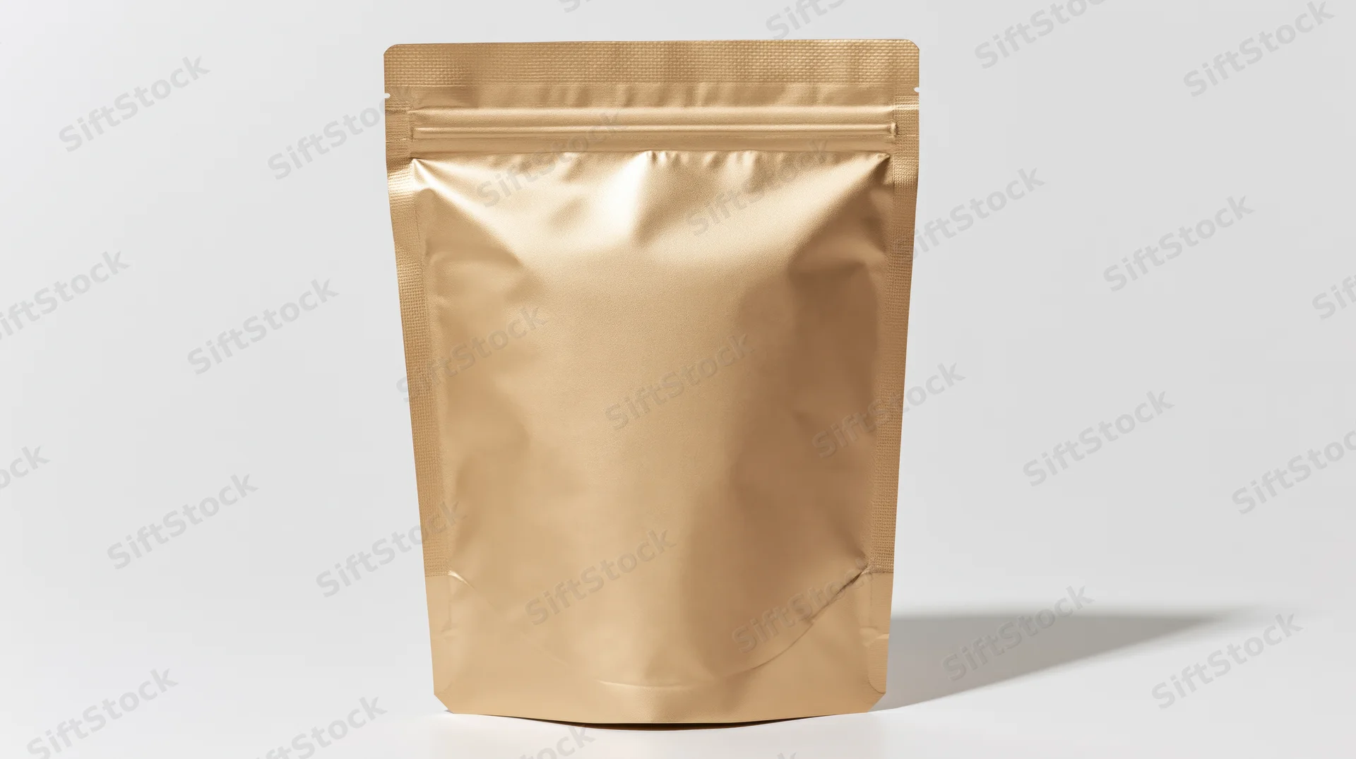 Gold foil stand-up pouch with sealed top fold on white background