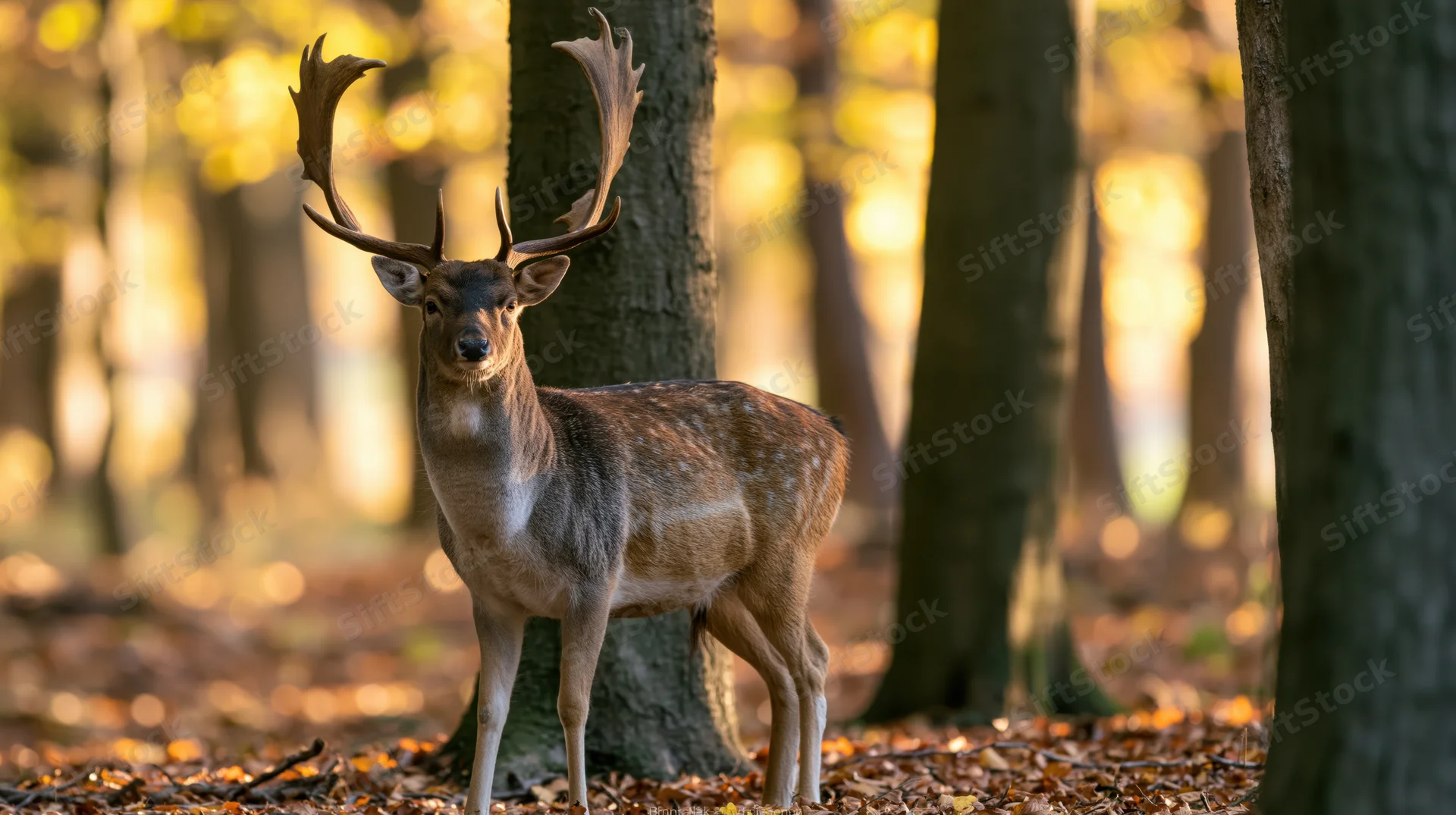 Mature fallow deer buck standing alert among beech trees in autumn forest