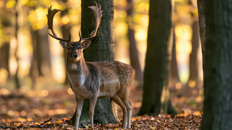 Mature fallow deer buck standing alert among beech trees in autumn forest