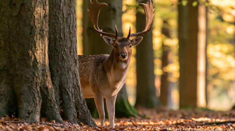 Mature fallow deer buck standing alert among beech trees in autumn forest