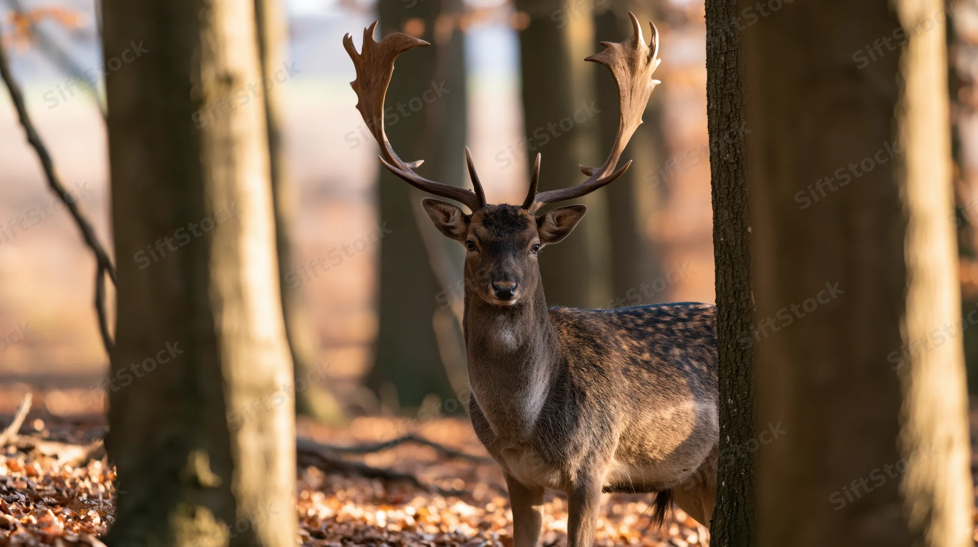 Mature fallow deer buck standing alert among beech trees in autumn forest
