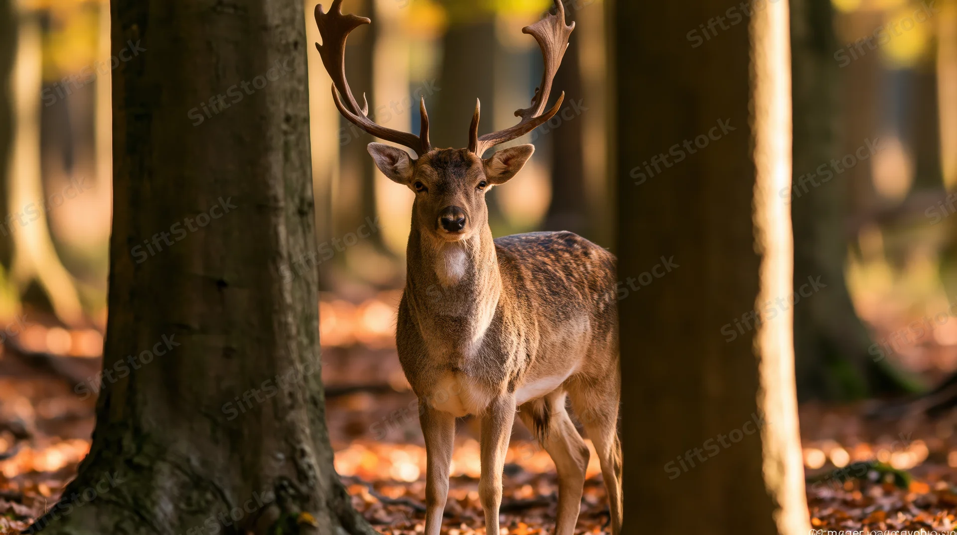 Mature fallow deer buck standing alert among beech trees in autumn forest