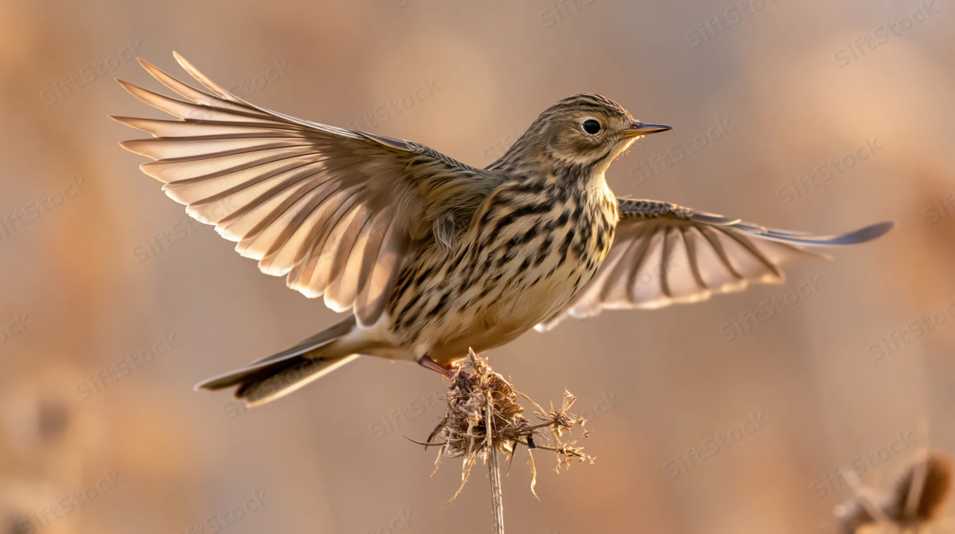 Meadow pipit launching into flight from a dry seedhead stem in a grassy field
