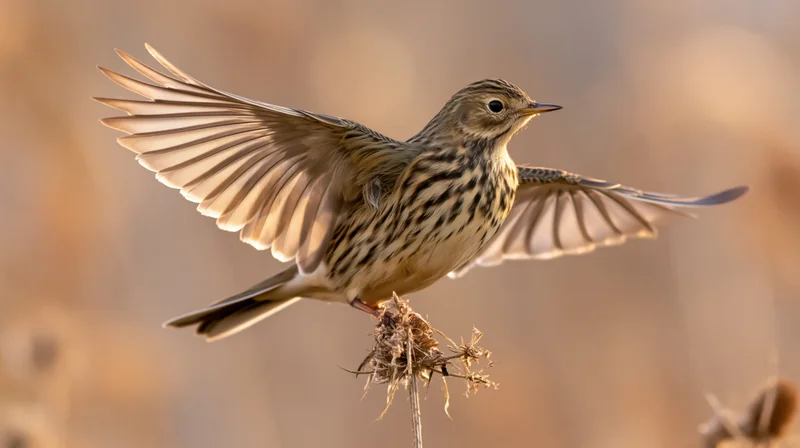 Meadow pipit launching into flight from a dry seedhead stem in a grassy field
