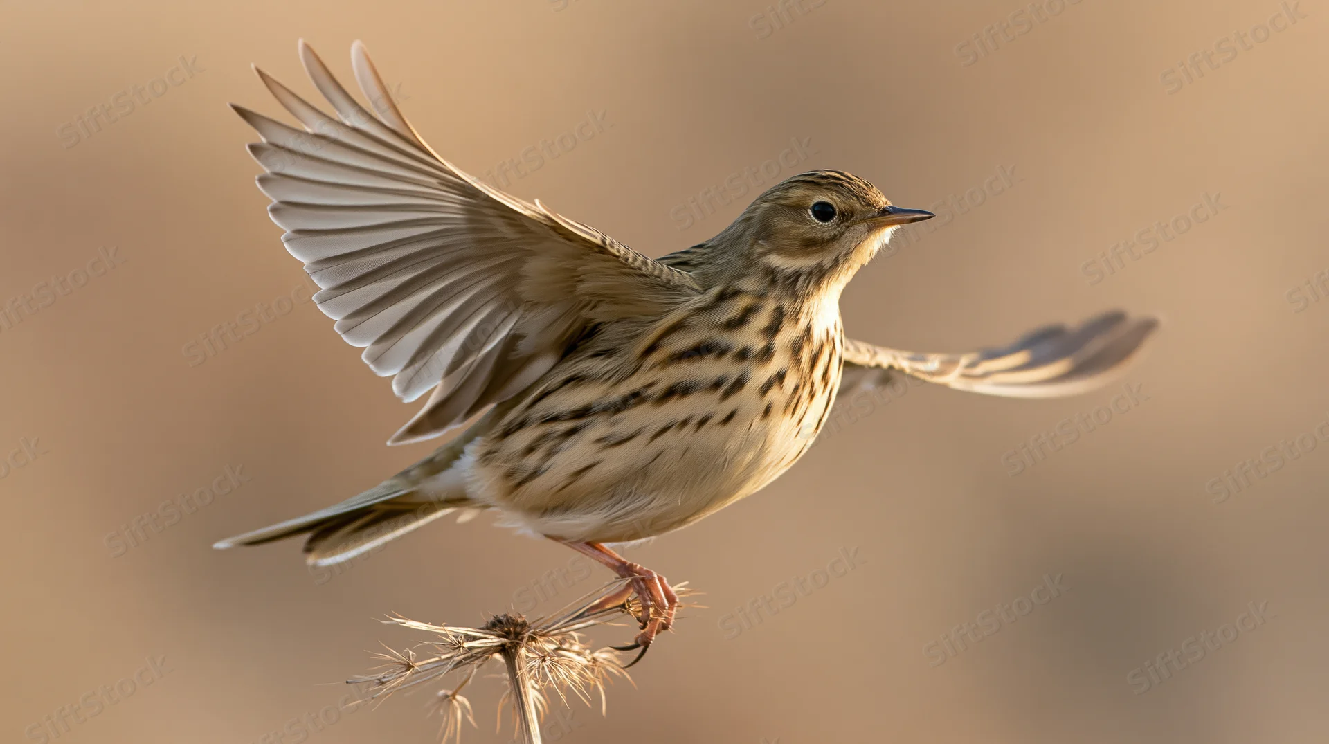 Meadow pipit launching into flight from a dry seedhead stem