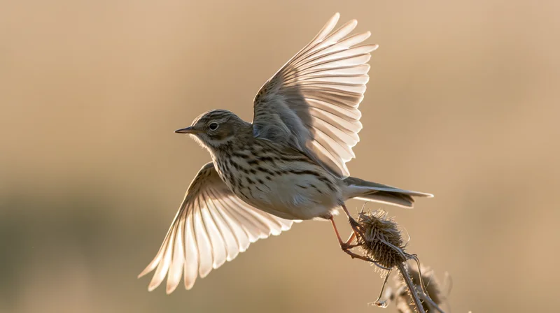 Meadow pipit launching into flight from a dry seedhead stem in a golden field