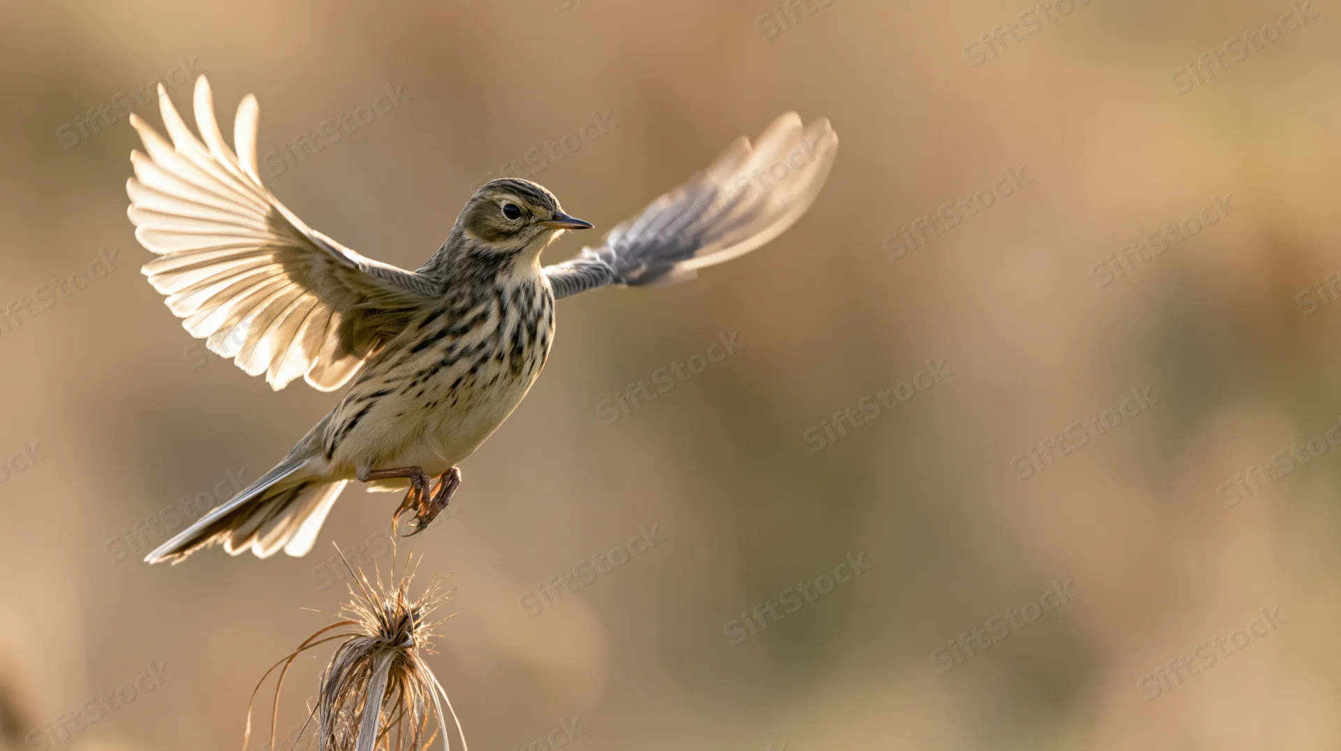 Meadow pipit launching into flight from a dry seedhead stem