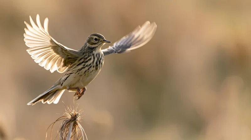 Meadow pipit launching into flight from a dry seedhead stem