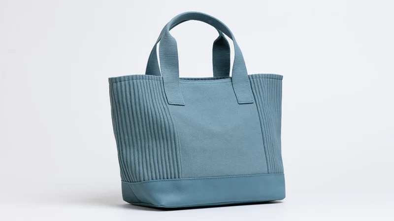 Dusty blue canvas tote bag with ribbed texture standing on white background