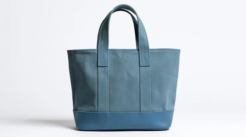 Dusty blue canvas tote bag with ribbed texture on white background