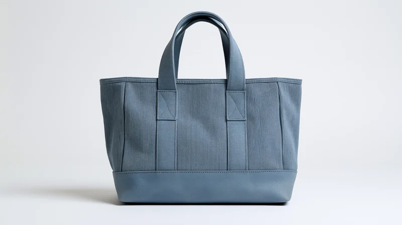 Dusty blue canvas tote bag with ribbed texture standing on white surface