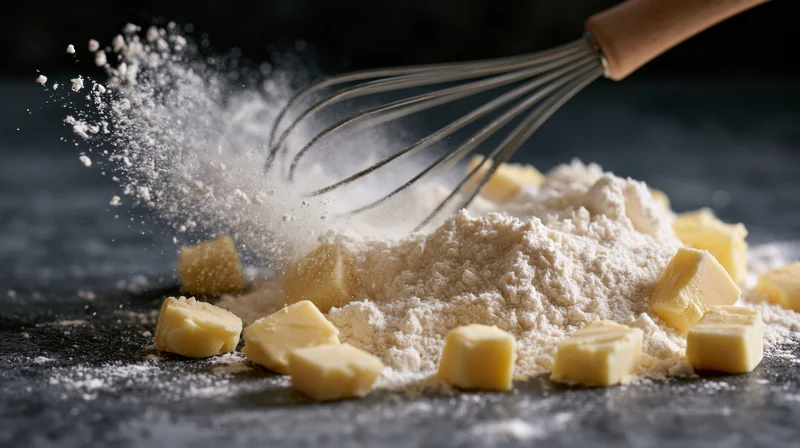 Metal whisk cutting through flour and butter cubes on dark countertop