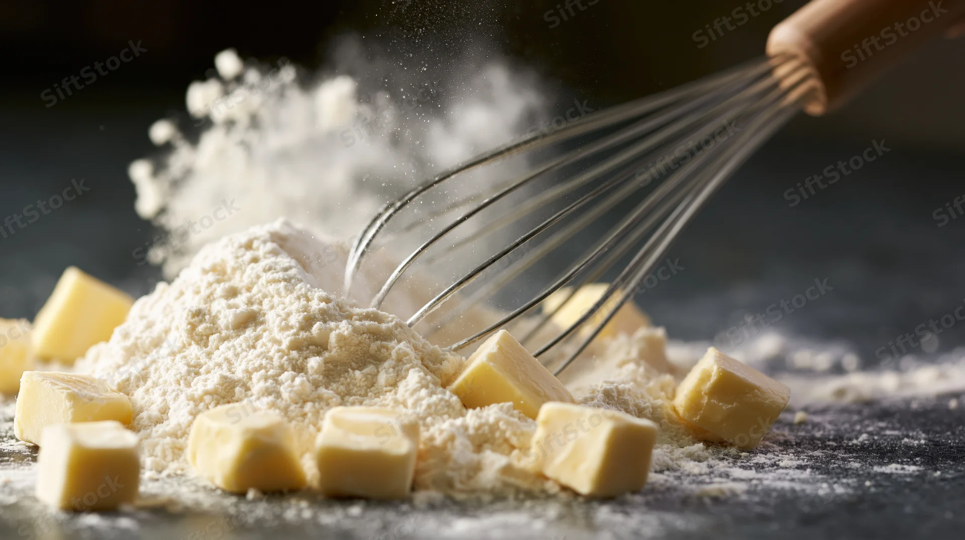 Metal whisk cutting through a mound of white flour with cubes of butter on a dark countertop