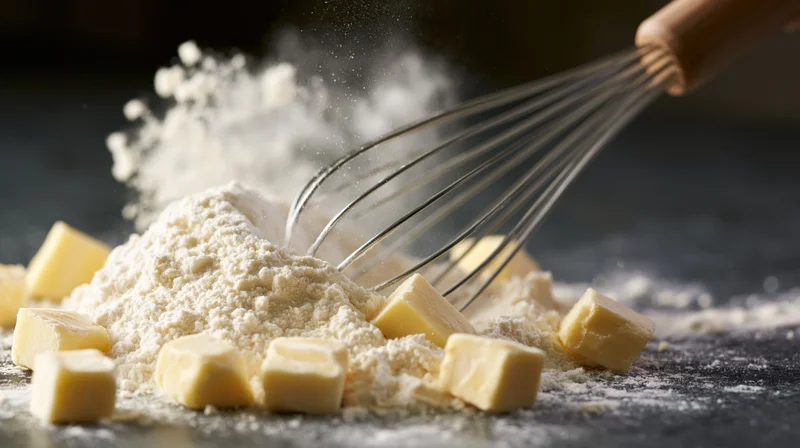 Metal whisk cutting through a mound of white flour with cubes of butter on a dark countertop