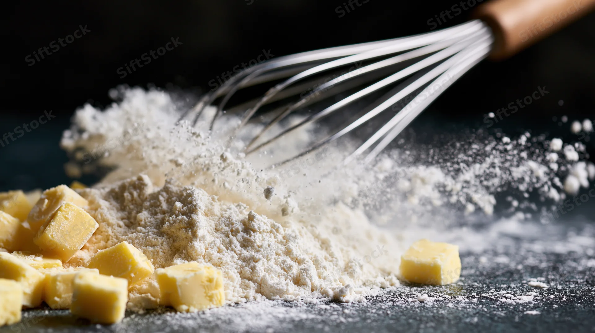 Metal whisk cutting through flour and cubed butter on dark surface