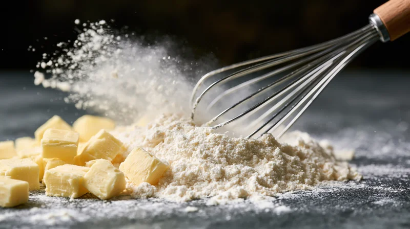 Metal whisk cutting through flour and butter cubes on dark countertop