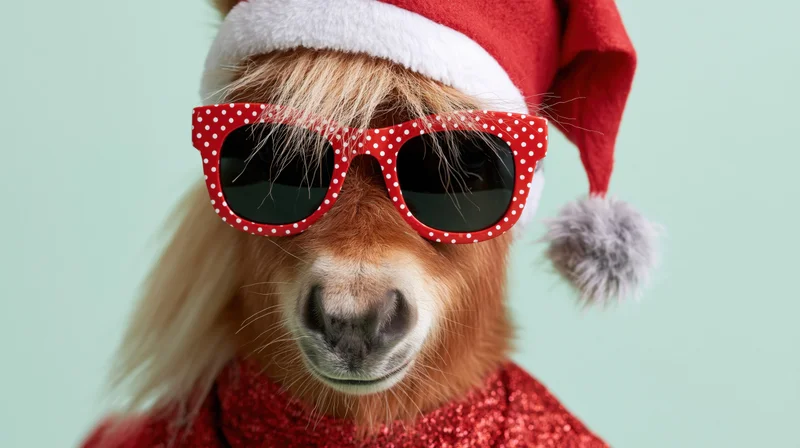 Miniature pony wearing red santa hat and polka dot sunglasses against mint background