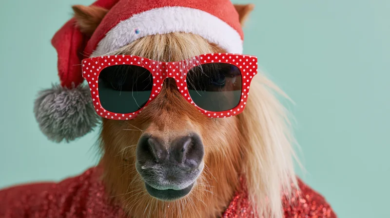 Miniature pony wearing red santa hat and polka dot sunglasses, posing in sparkly red sweater against mint background