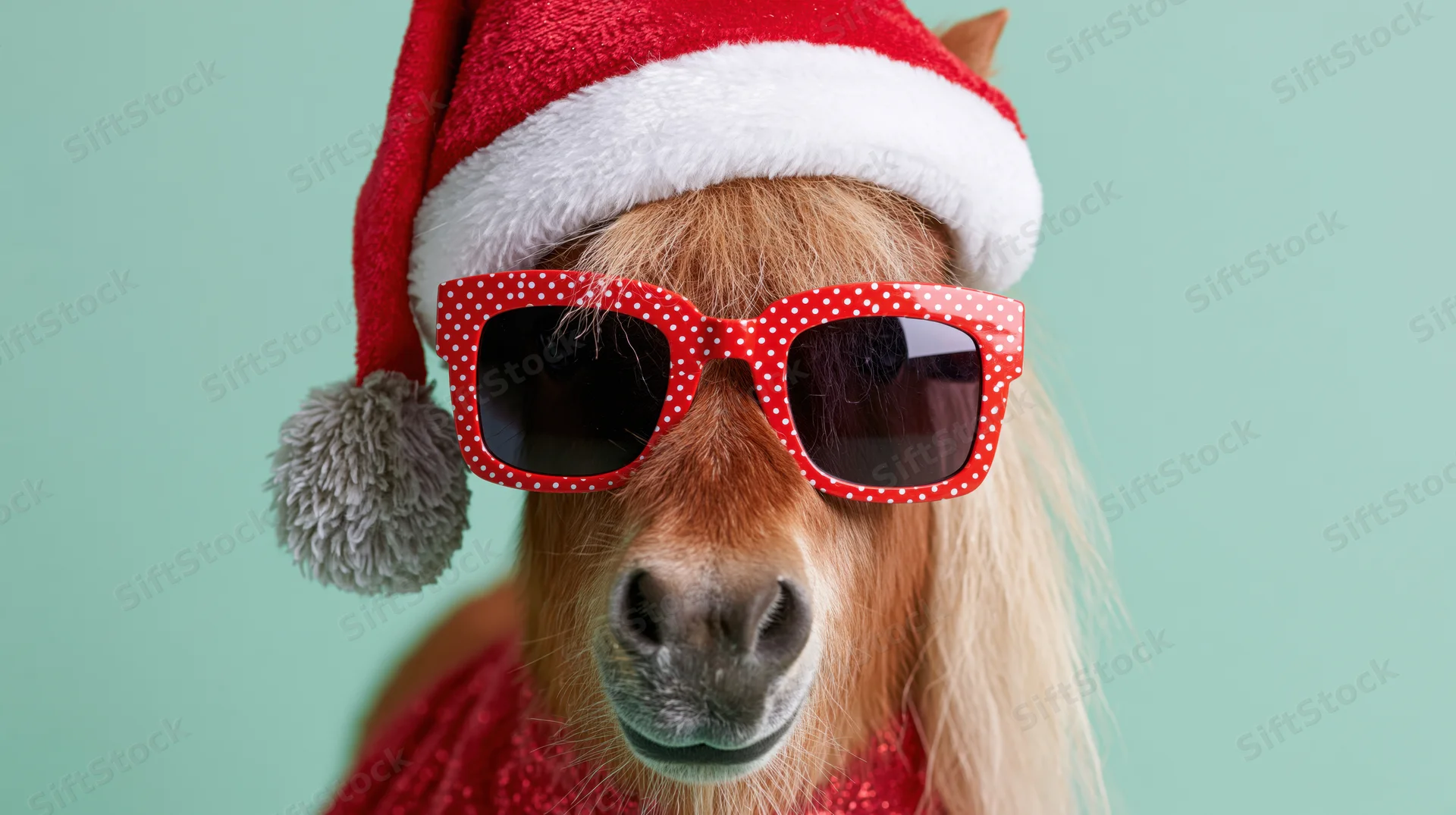 Miniature pony wearing red santa hat and polka dot sunglasses against mint background