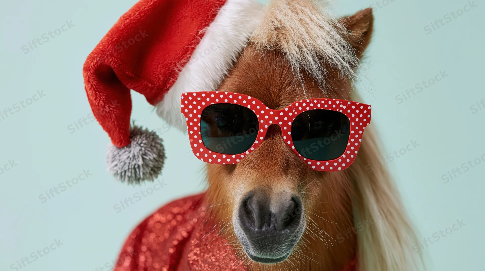 Miniature pony wearing red santa hat and polka dot sunglasses in studio setting