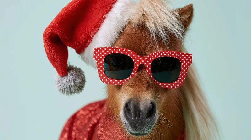 Miniature pony wearing red santa hat and polka dot sunglasses in studio setting