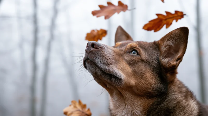 Mixed-breed dog looking up at falling autumn leaves in a forest