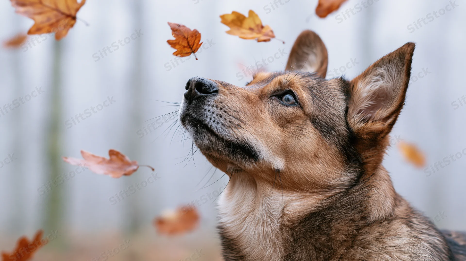 Mixed-breed dog looking upward with autumn leaves falling around it outdoors