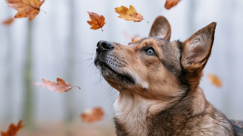 Mixed-breed dog looking upward with autumn leaves falling around it outdoors