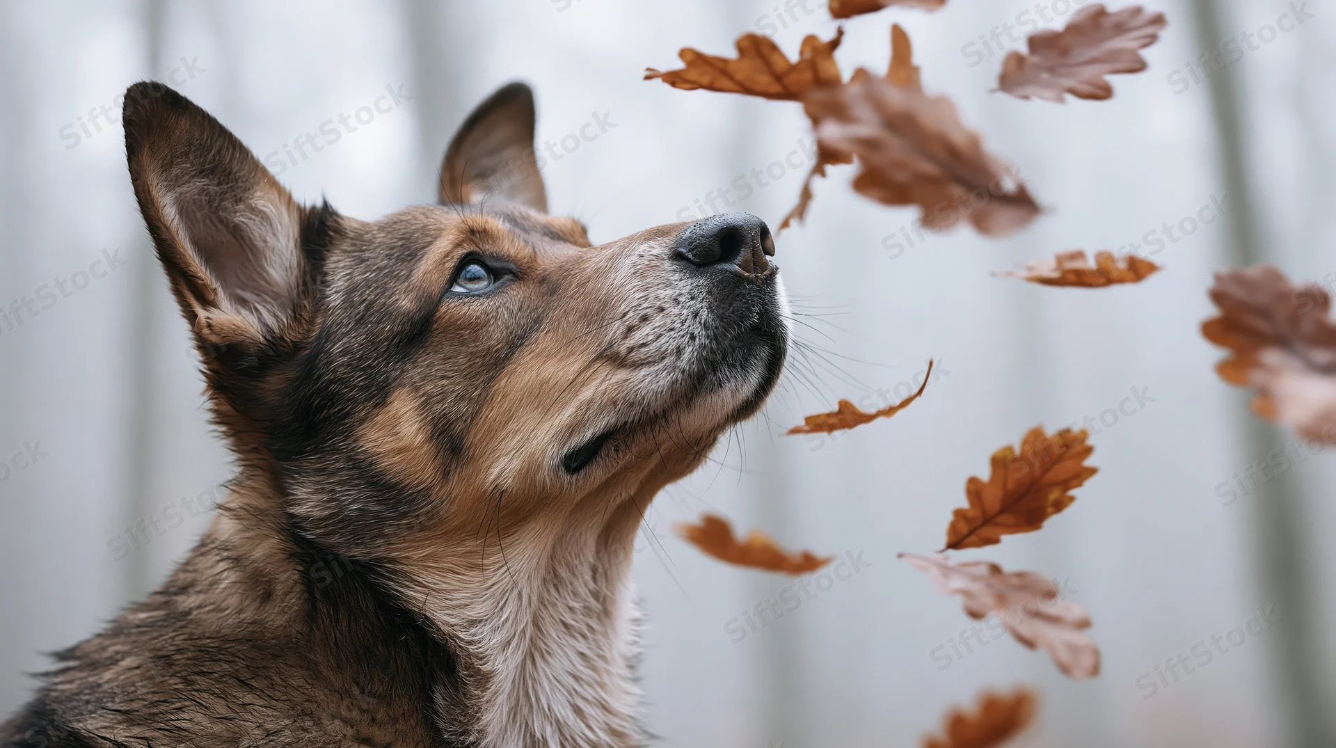 Mixed-breed dog looking upward at falling autumn leaves in a forest