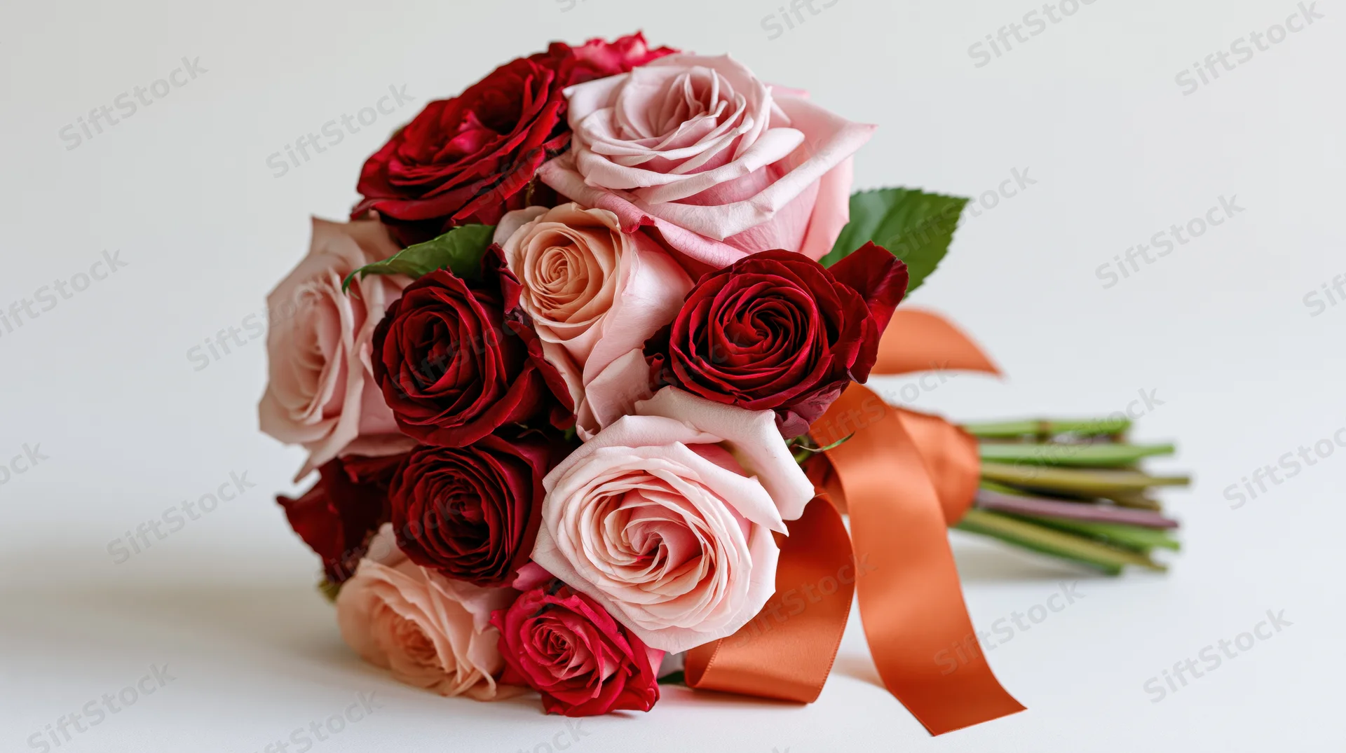 Mixed bouquet of red and pink roses tied with orange ribbon on white background