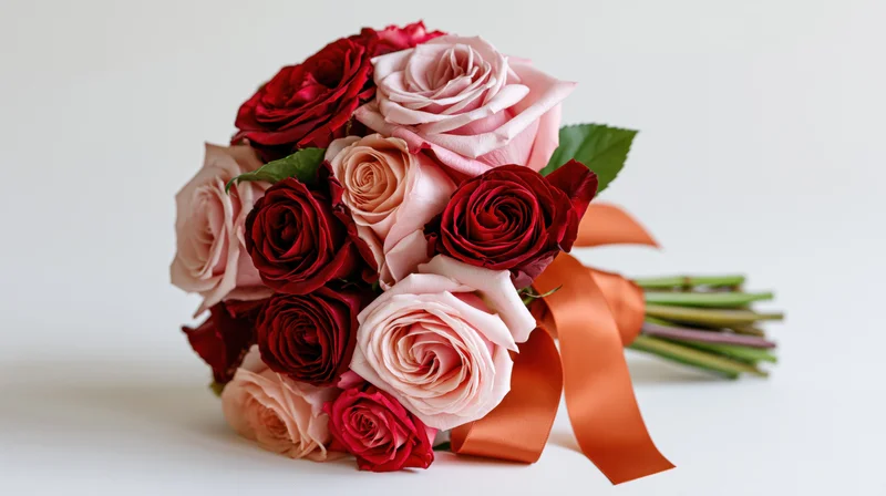 Mixed bouquet of red and pink roses tied with orange ribbon on white background