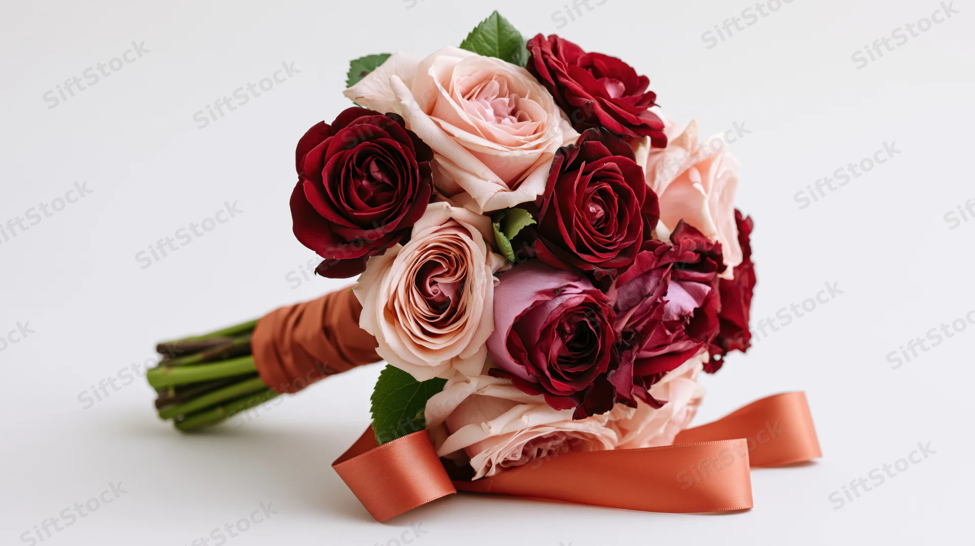 Mixed bouquet of deep red and soft pink roses with orange ribbon on white background