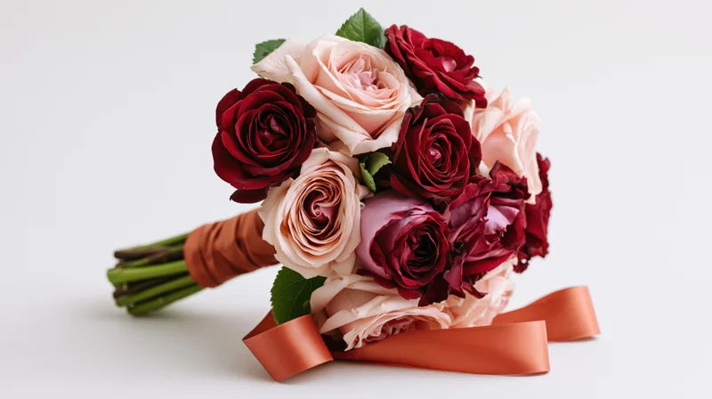 Mixed bouquet of deep red and soft pink roses bound together