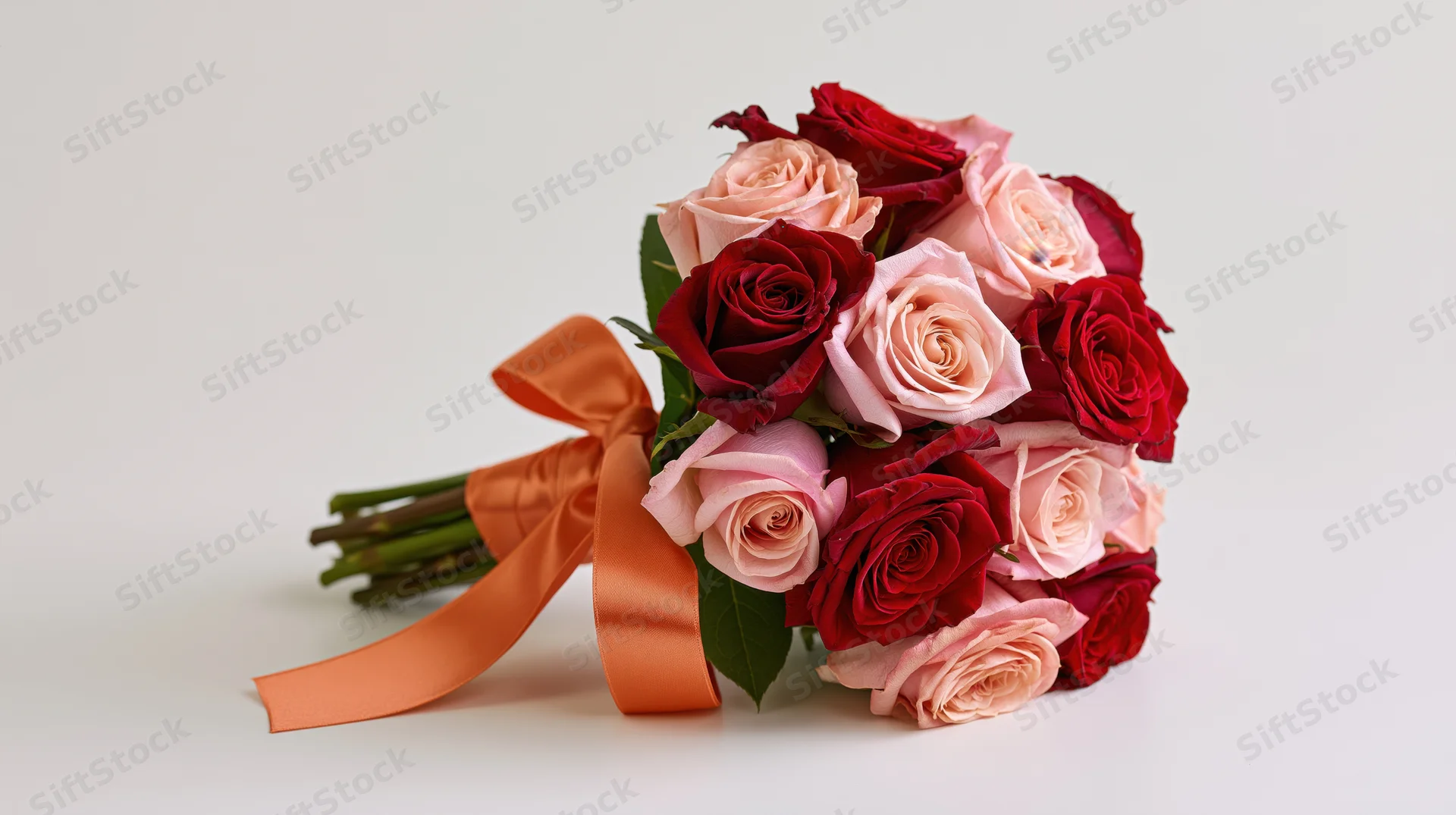 Mixed bouquet of red and pink roses tied with orange satin ribbon on white background