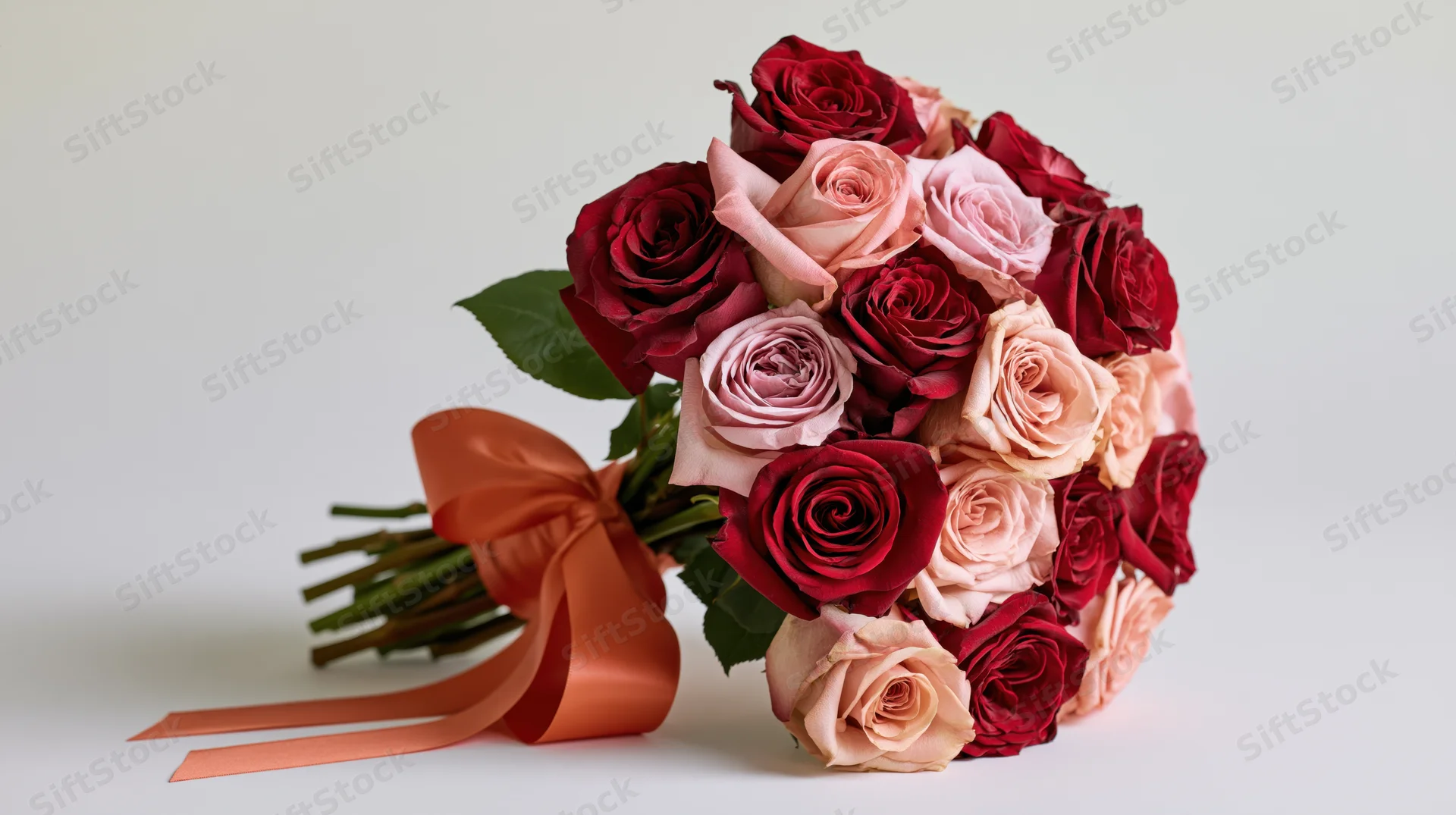 A bouquet of deep red and soft pink roses tied with an orange satin ribbon on a white background