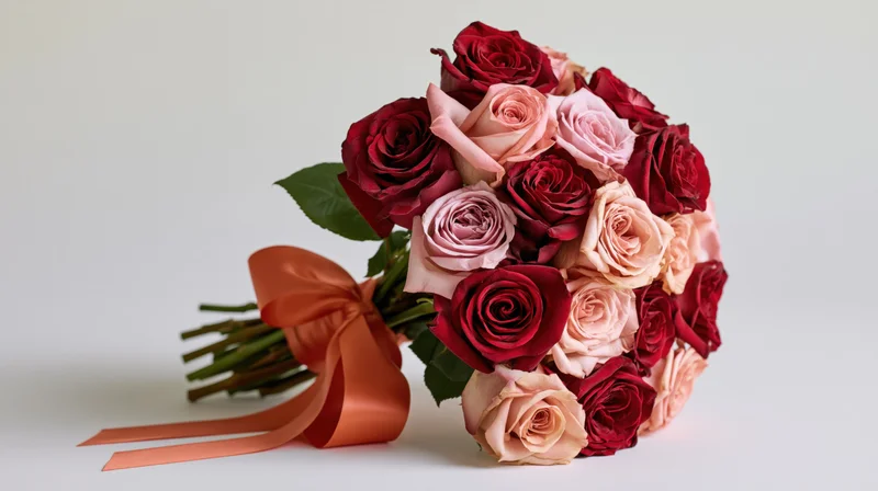 A bouquet of deep red and soft pink roses tied with an orange satin ribbon on a white background