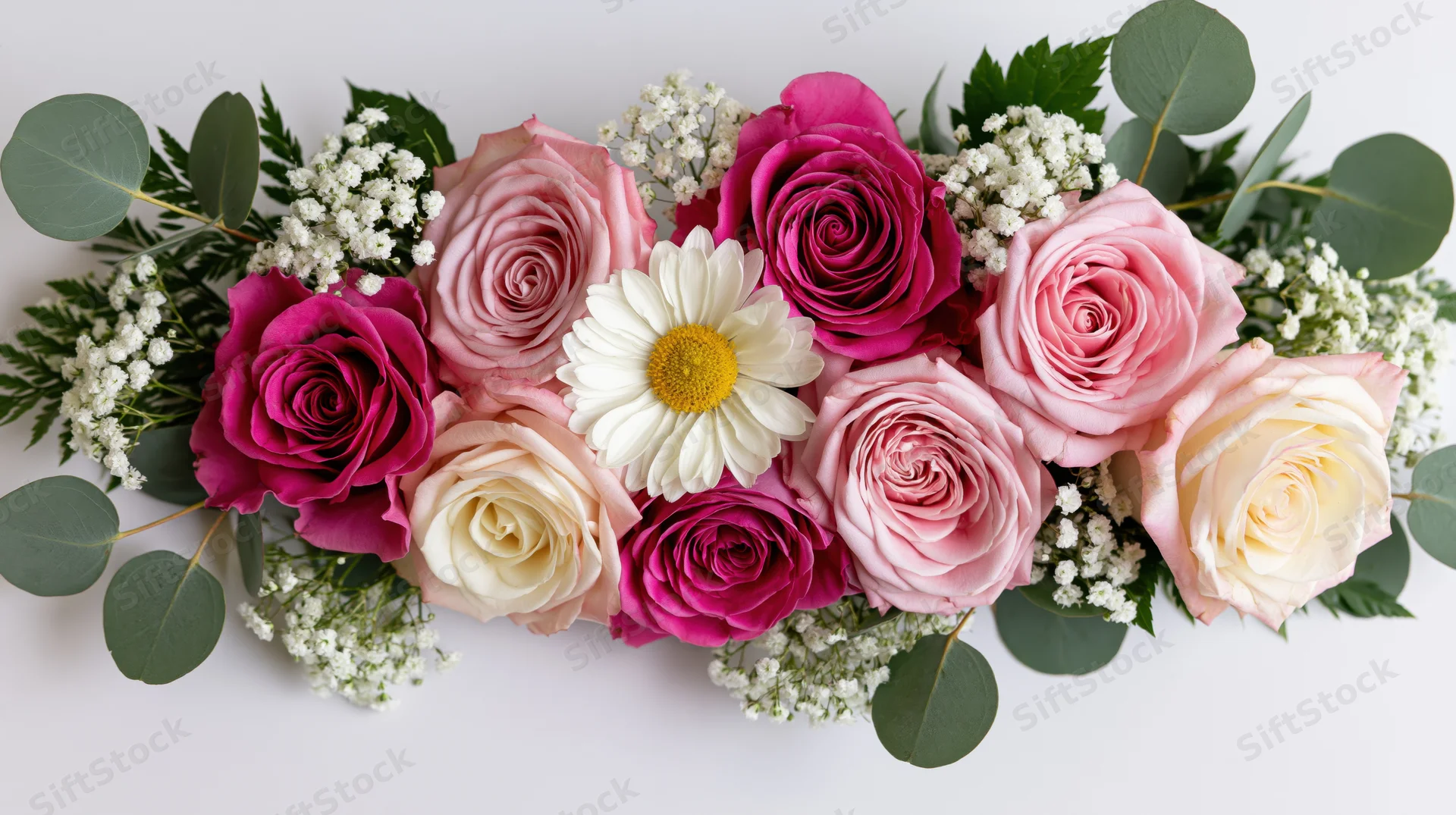 Horizontal floral arrangement of pink and magenta roses with white daisies and baby's breath on white background
