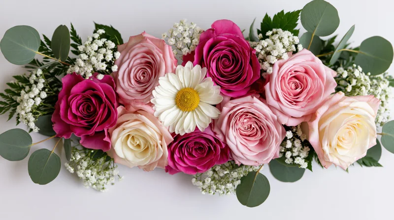 Horizontal floral arrangement of pink and magenta roses with white daisies and baby's breath on white background