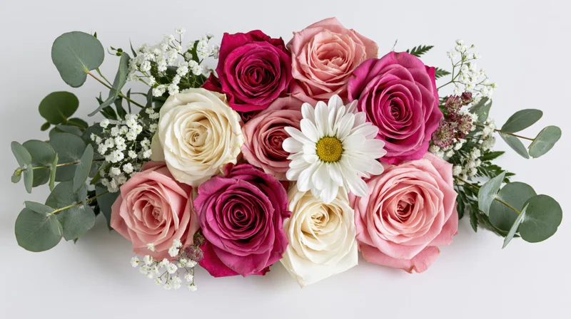 Horizontal bouquet of pink, white, and magenta roses with daisies and eucalyptus on white background