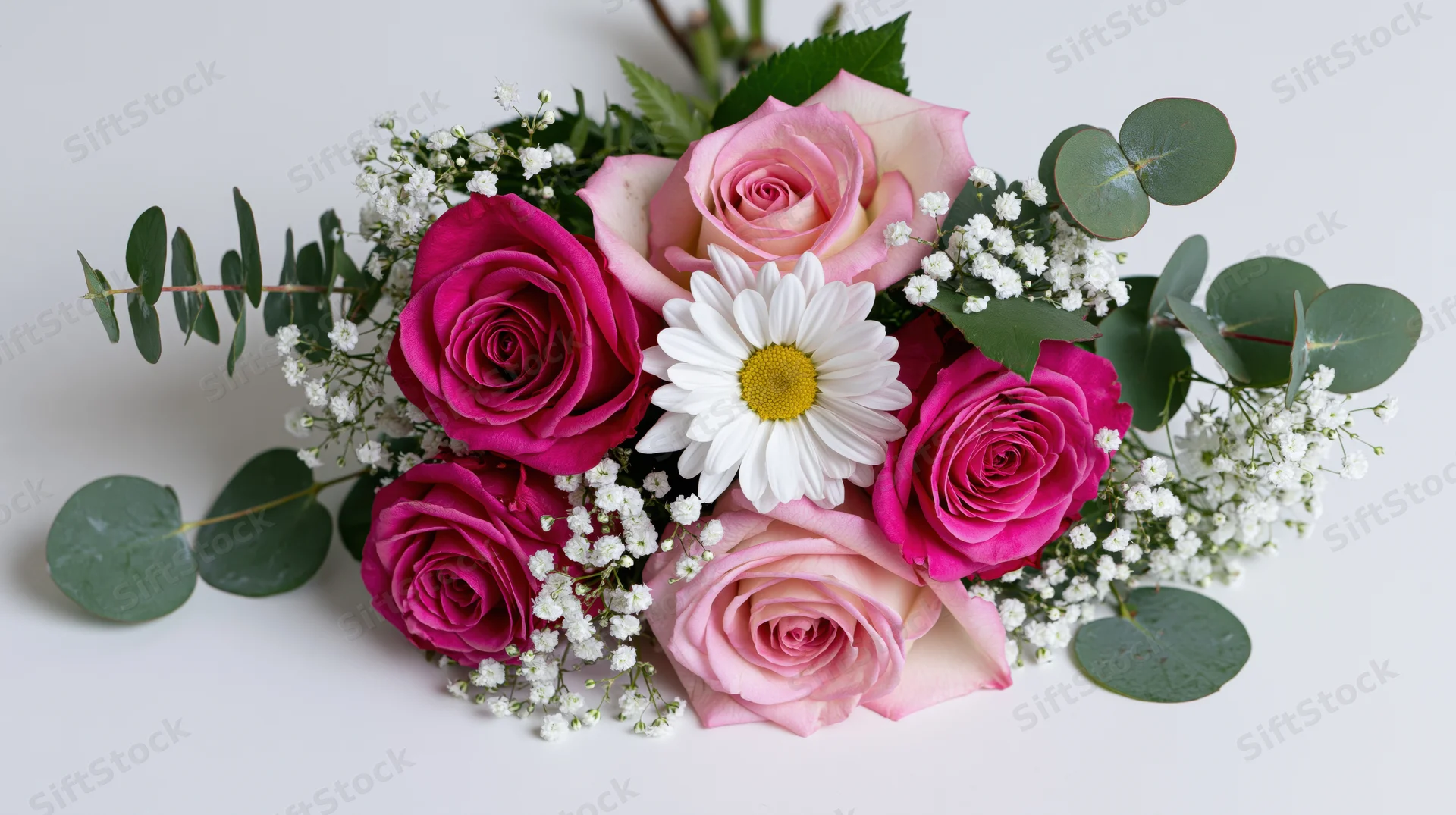 Horizontal floral bouquet with pink and magenta roses, white daisies, baby's breath, and eucalyptus leaves on white surface