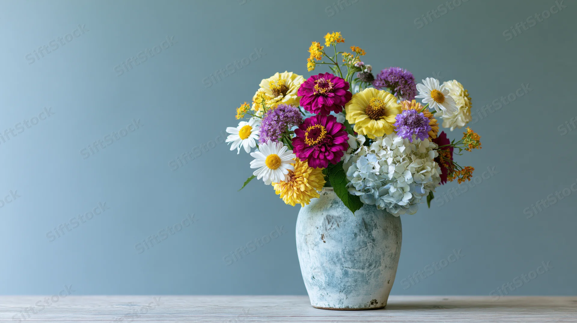 Mixed wildflower bouquet in a weathered ceramic vase on a wooden table