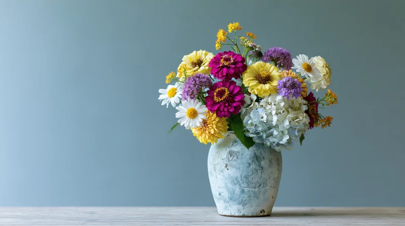 Mixed wildflower bouquet in a weathered ceramic vase on a wooden table