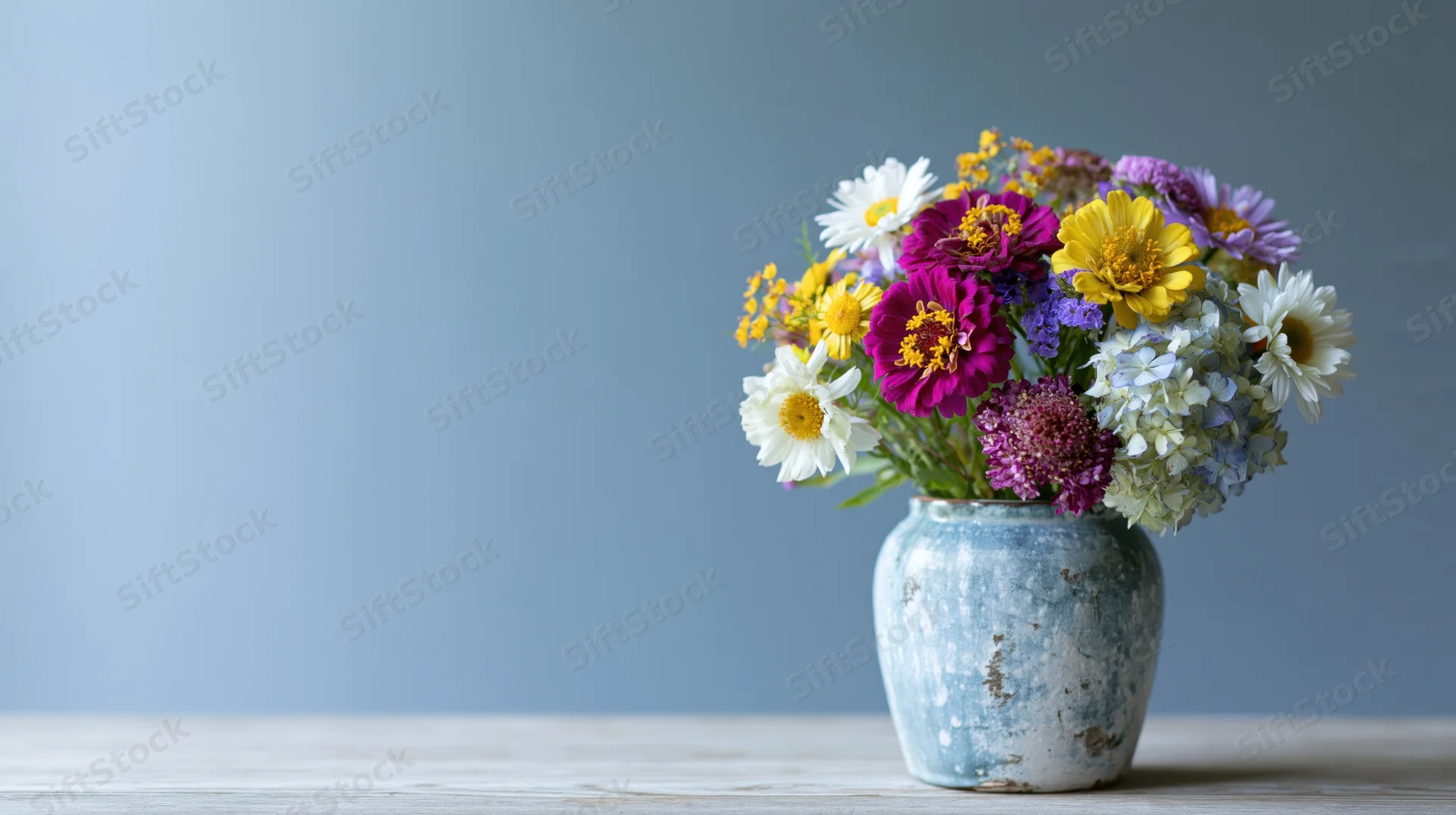 Mixed wildflowers in a weathered blue ceramic vase on a wooden table