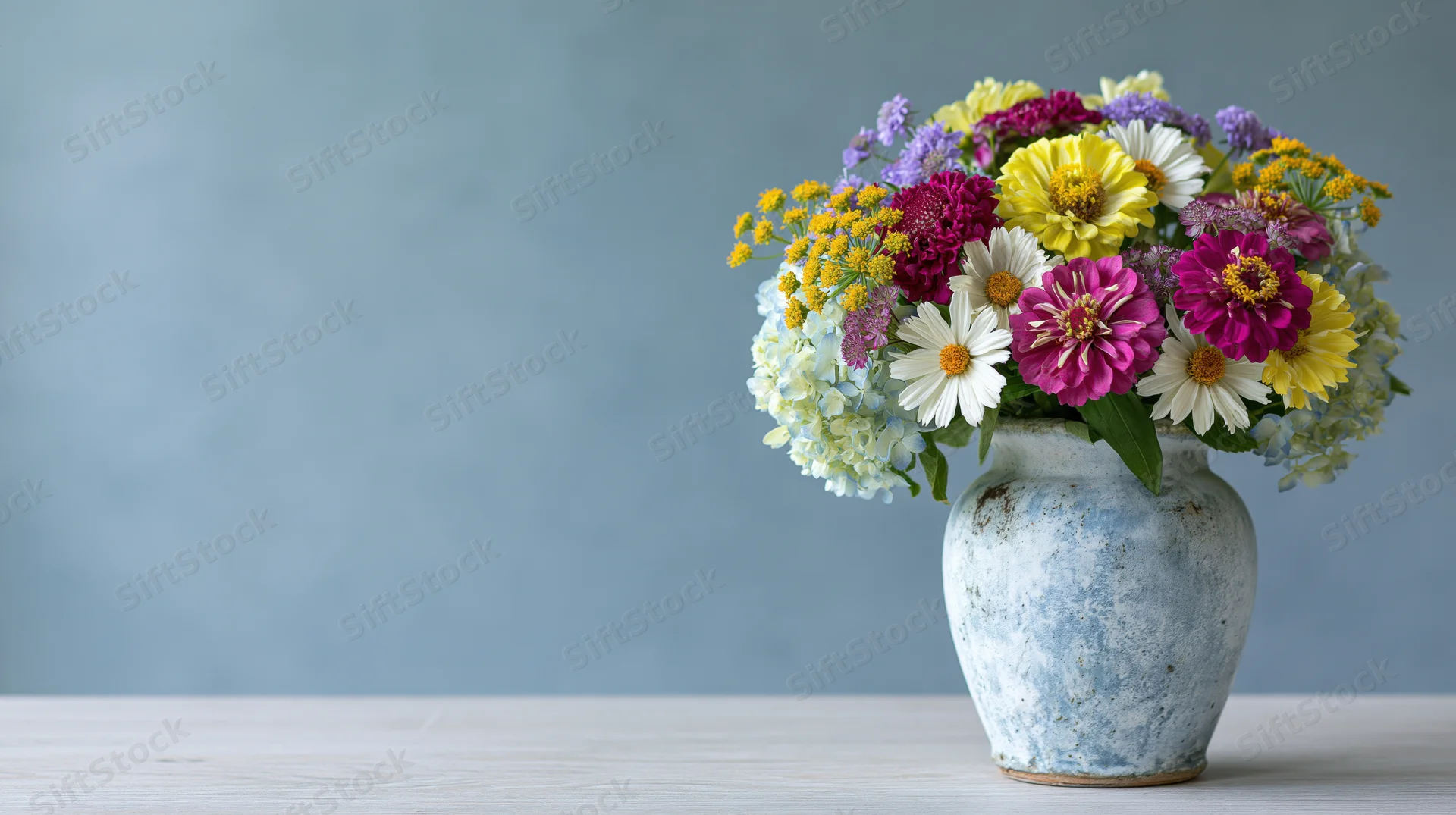 Mixed wildflower bouquet in a weathered blue ceramic vase on a light wooden table