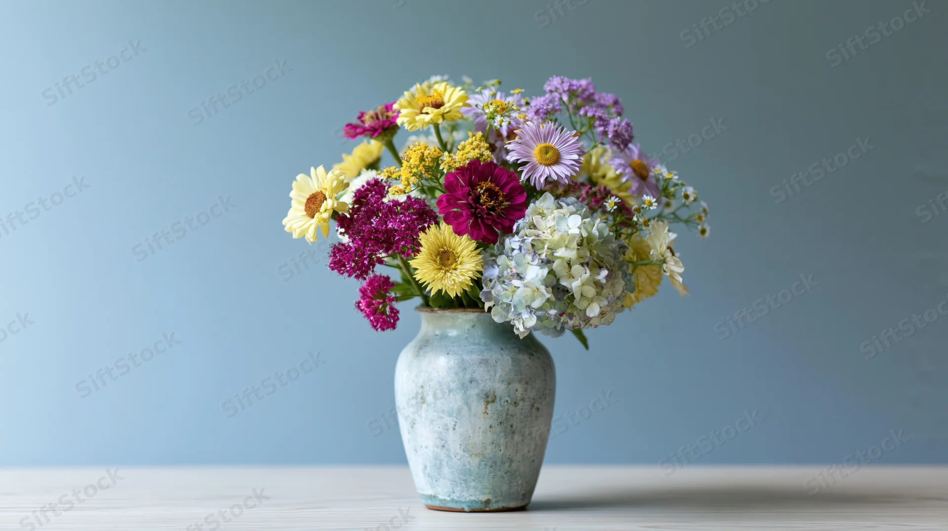 Mixed wildflowers in a weathered ceramic vase on a wooden table against a blue background