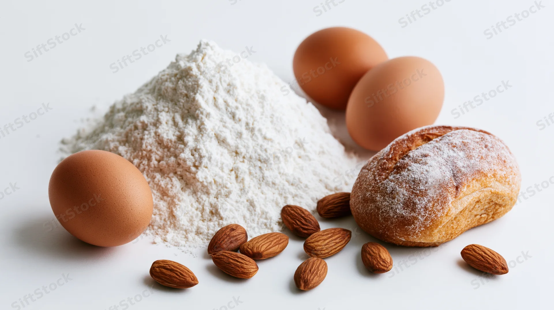 Mound of white flour with brown eggs and almonds beside a small loaf of bread on white surface